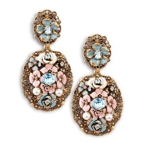 Oscar de la Renta Baroque Goldtone Enamel Floral Crystal Drop Clip On Earrings